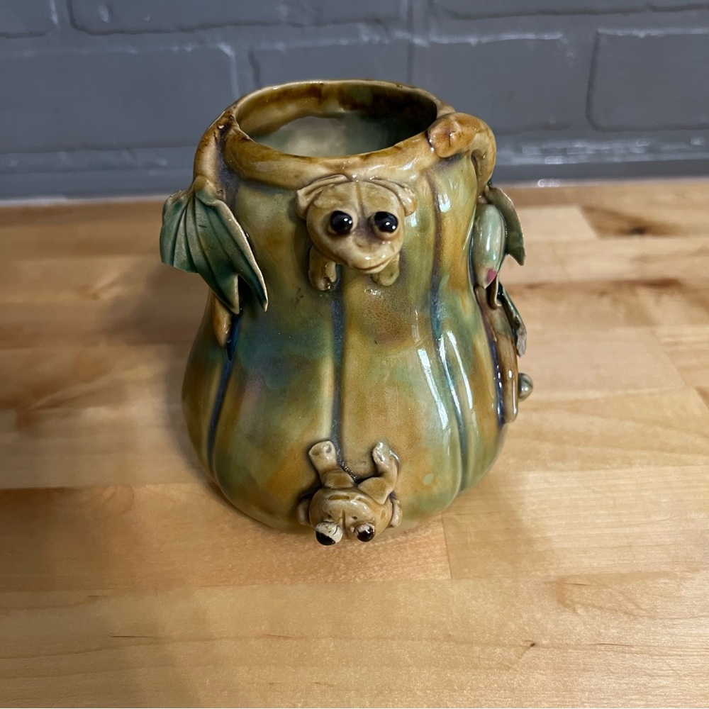 Vintage Majolica Frog 5” Flower Pot Vase Drip Glaze Studio Art Pottery Signed